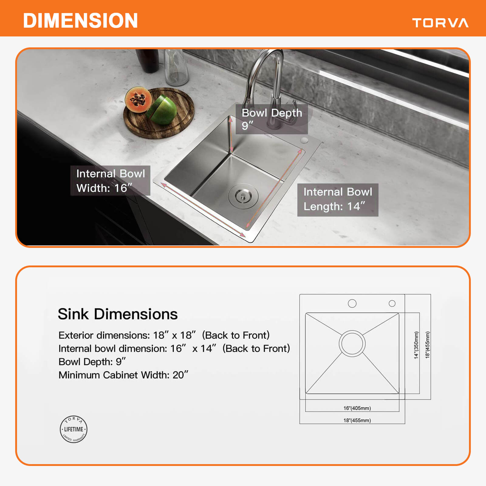 TORVA 18-inch Drop-in Topmount Bar Prep RV Sink with Faucet – 16 Gauge Stainless Steel – Single Bowl