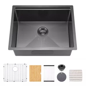TORVA 24-inch Workstation Sink Black – 16 Gauge Ledge Stainless Steel – Single Bowl